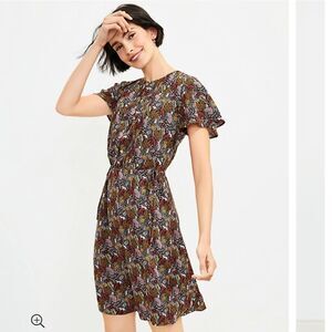 LOFT Paradise Pintucked Side Tie Dress Safari Print Front Button Lined Size S